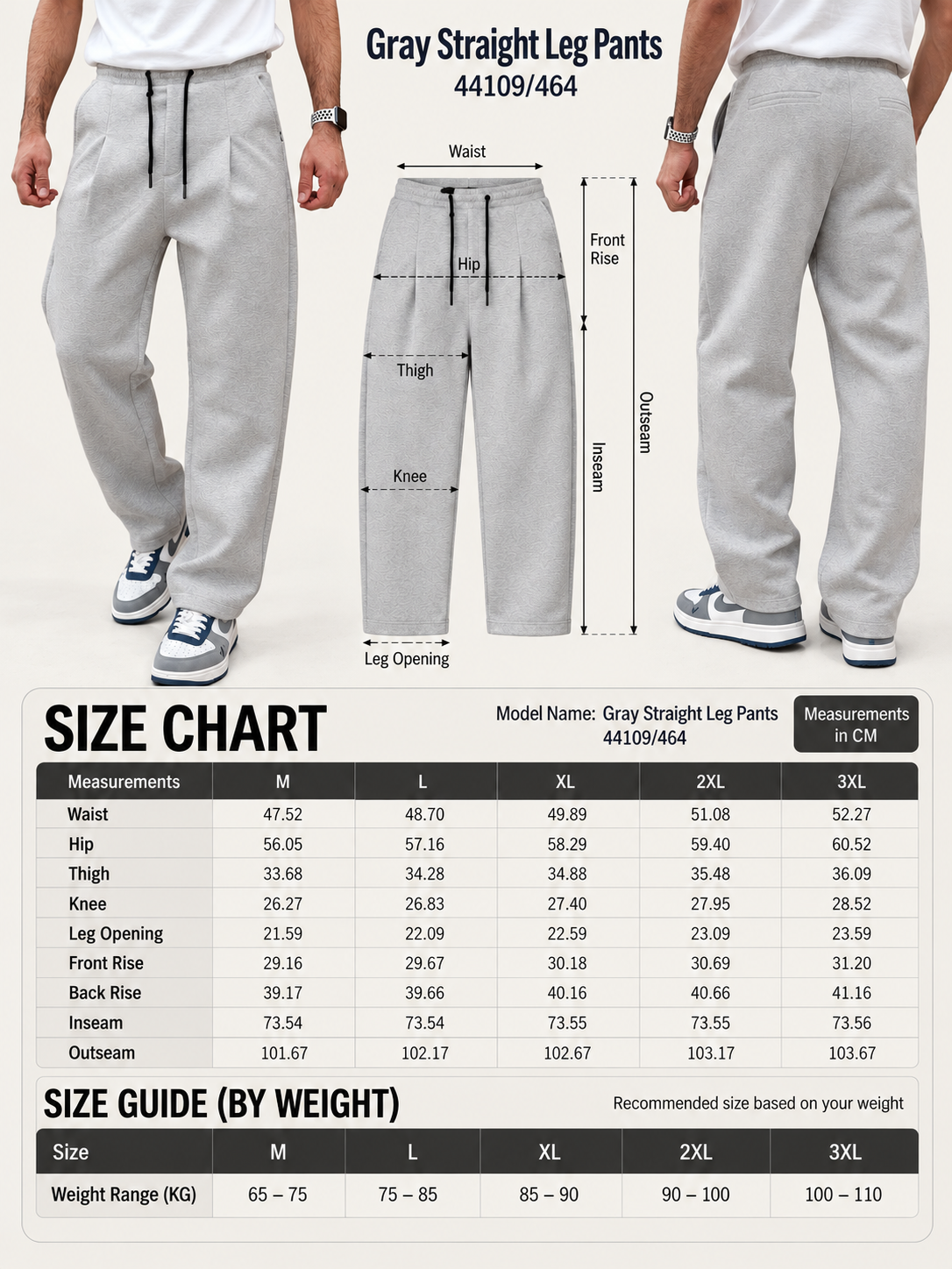 Size Guide - Gray Straight Leg Pants 44109/464