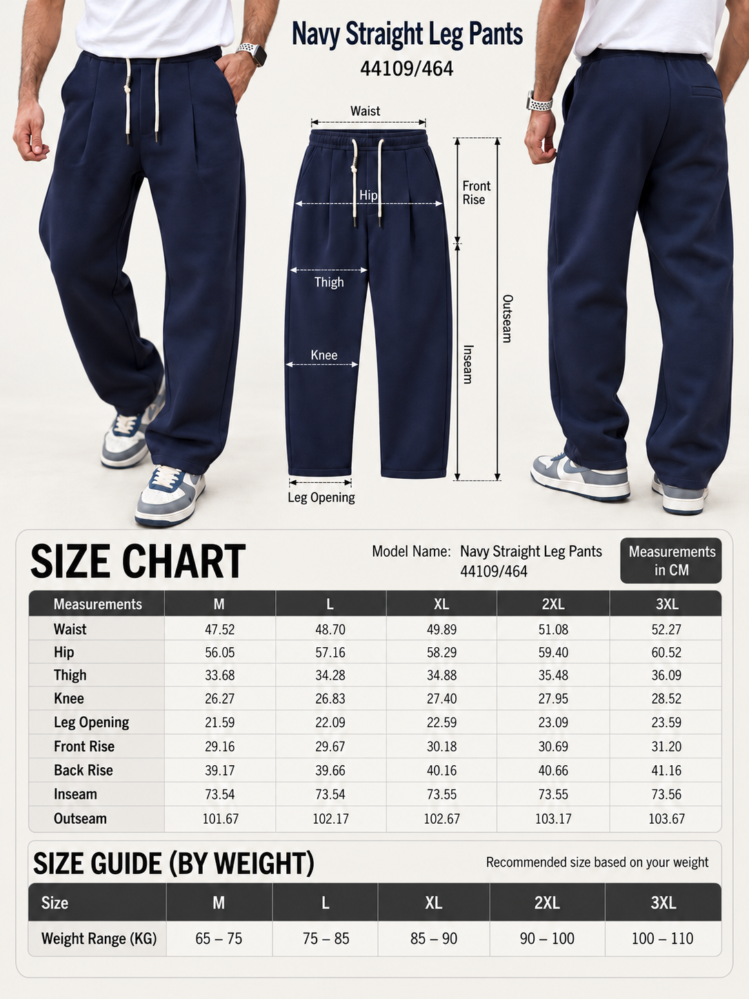 Size Guide - Navy Straight Leg Pants 44109/464