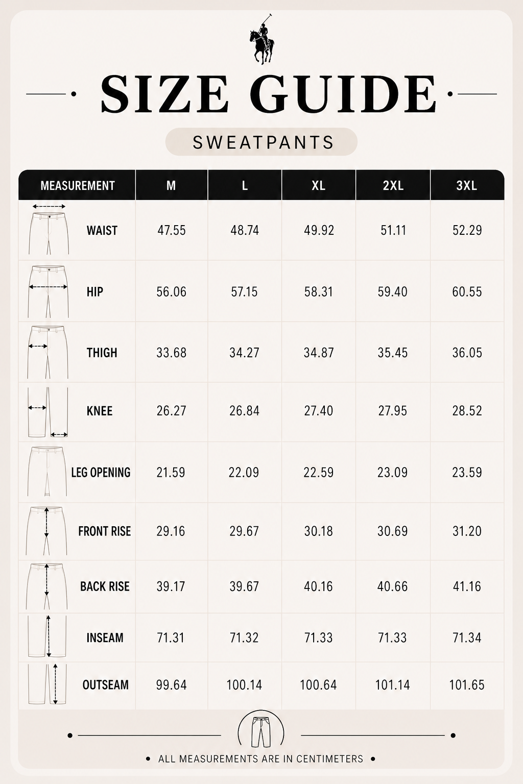 Size Guide - sweat pant straight leg - Navy